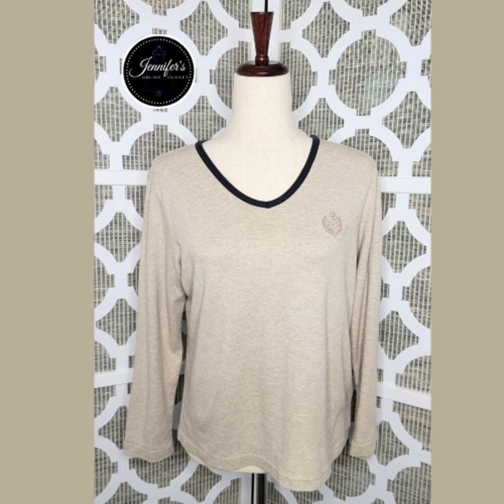 Liz Claiborne Liz Sport Tan with Navy Blue V Neck Long Sleeve Top Size L
